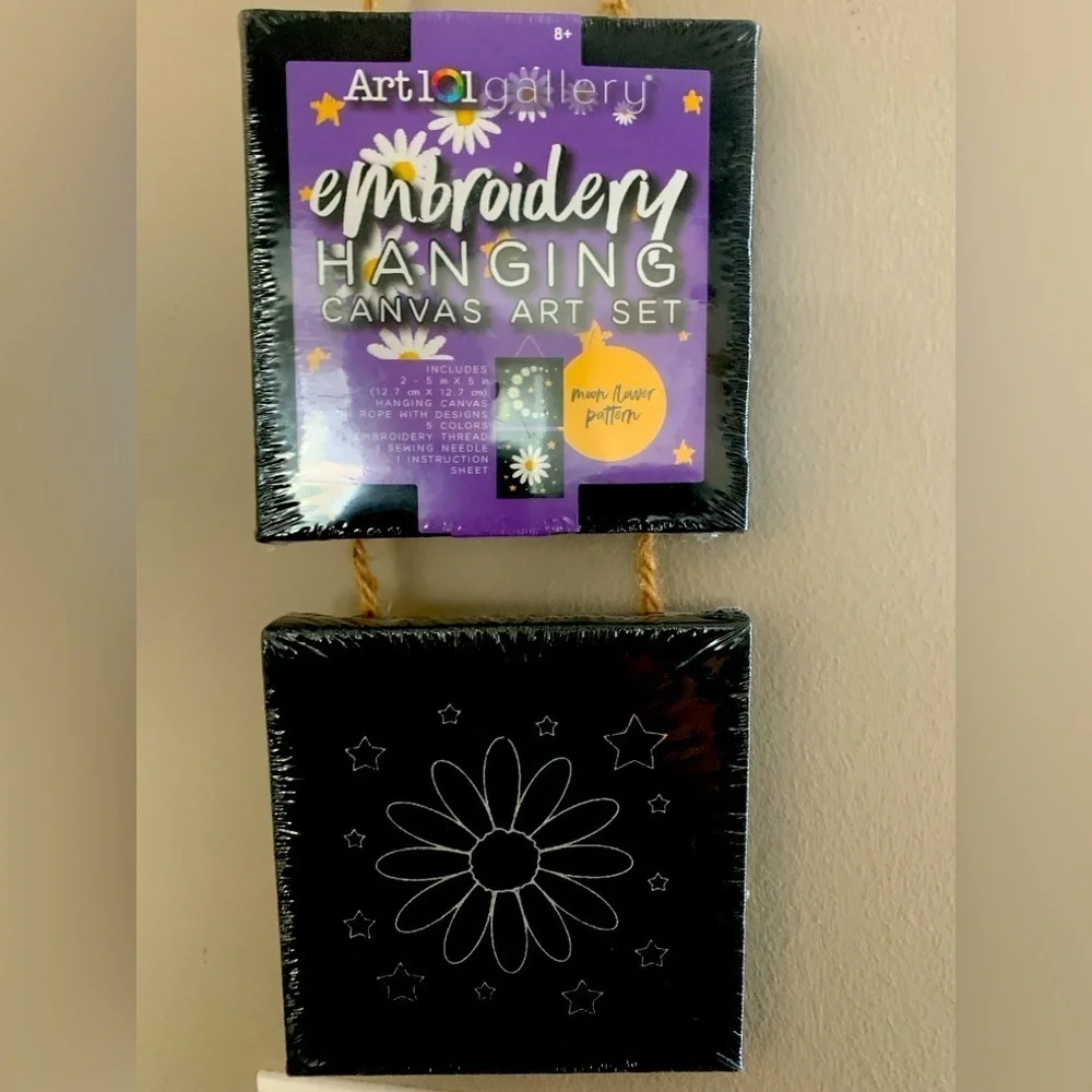 Embroidery Hanging Canvas Crafts, Two  5” X 5” canvases with needle & thread NWT